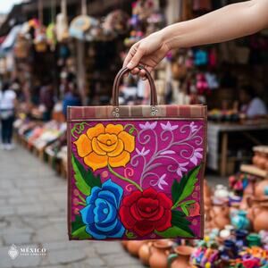 One Side Embroidered Mexican Mercado Tote Bag – Plastic Woven Market Style